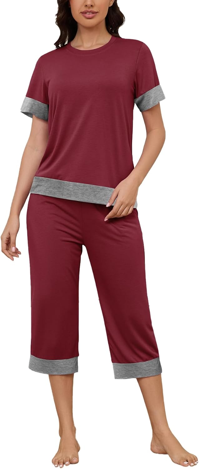 HONG HUI Women's Pajama Set Sleepwear Tops with Capri Pants Casual and Fun Prints Pajama Sets