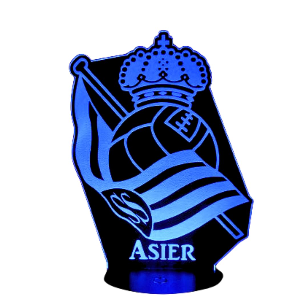DOLWA Lampara personalizada 3D de futbol personalizada regalo ideal para niños, comuniones, mesita de noche, cumpleaños, navidad. Luz de futbol infantil. (Real Sociedad)