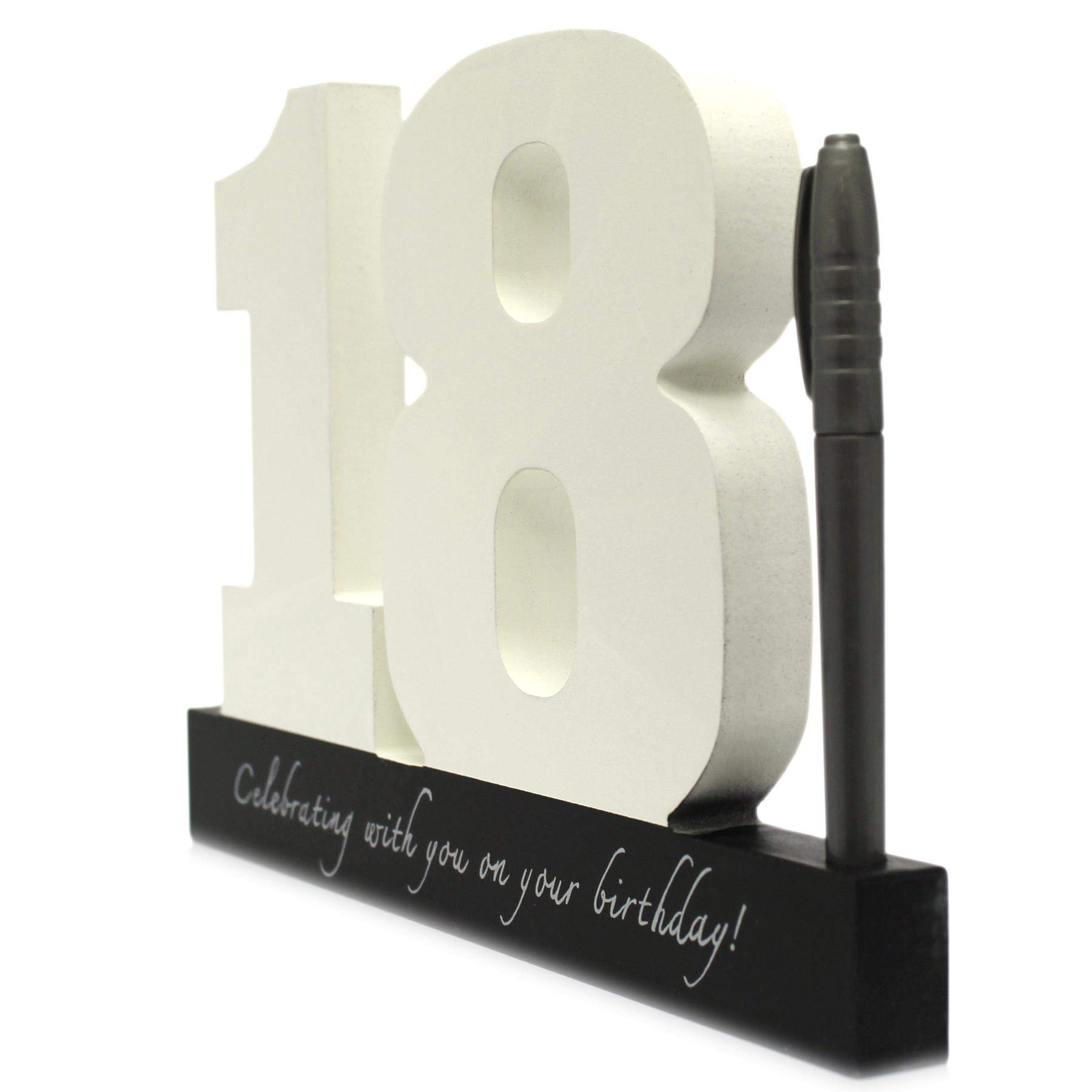 Carousel Home and Gifts - Targa di compleanno con numeri di firma per 18 compleanno ~ Blocchi bianchi in legno con penna inclusa, targa per il 18° compleanno, cartello per libro degli ospiti