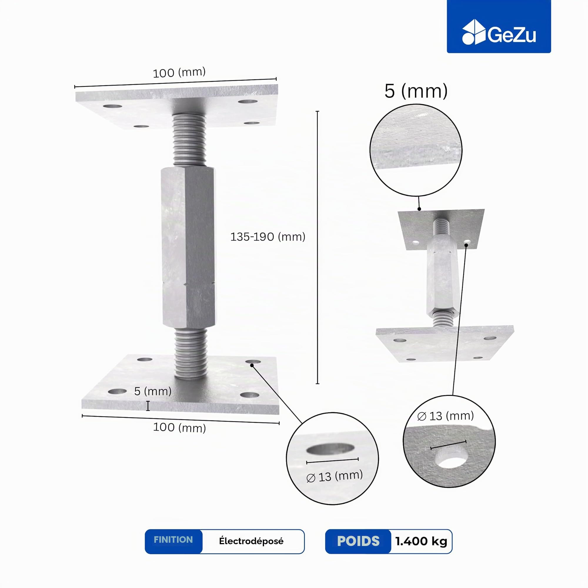 GeZu Impex Support de poteau Galvanoplastie Lot de 8 100 x 100 mm hauteur reglable platine bois pied poteaux clôture