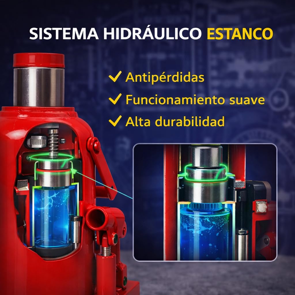 Gato Botella Hidráulico Profesional – Elevador Hidráulico de Alta Capacidad, Sistema Estanco Antipérdidas, Tornillo Regulable y Válvula de Seguridad (10 Toneladas)