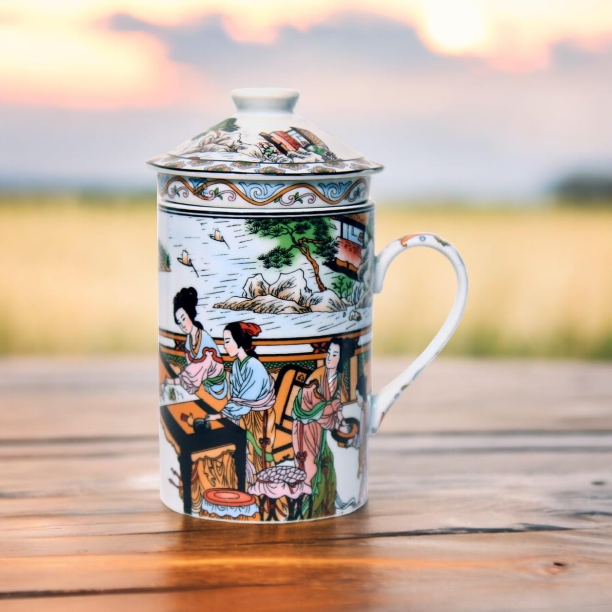 Keramik Teetasse mit Deckel + Sieb für Losen Tee mit Asiatischem Motiv (Mädchen, 047) Japanische Chinesische Tasse Für Teeliebhaber, Porzellan Kaffee Geschenk Set Asien Asia Becher Haferl