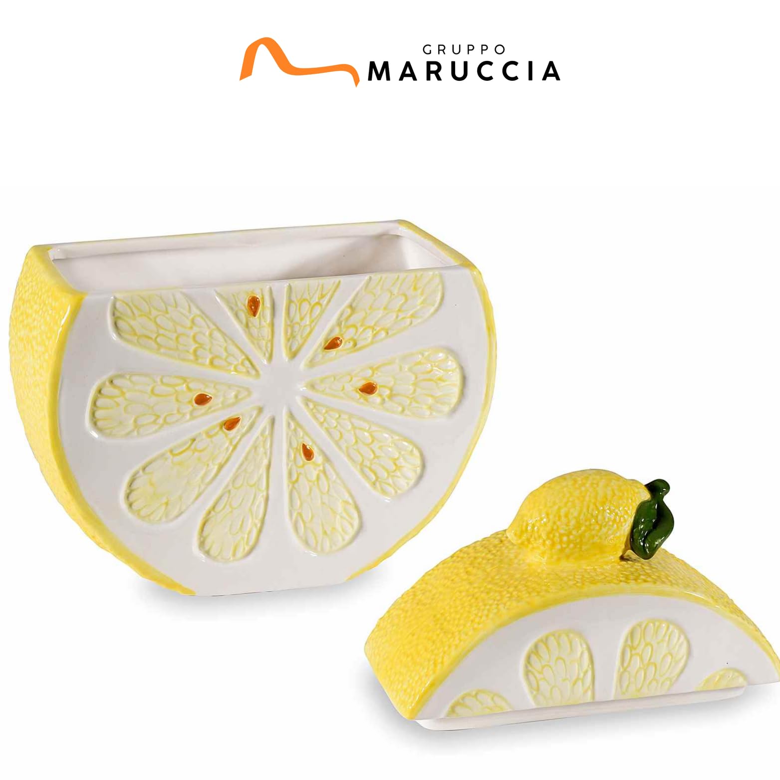 Gruppo Maruccia – Set 2 Barattoli Alimentari a Forma di Fetta di Limone – Contenitori in Ceramica con Coperchio – Biscottiere Cucina – Decorazione Mediterranea