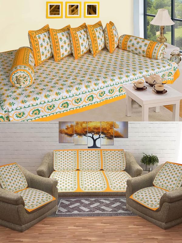 Floral Print RoomSet Diwan & Sofa Cover Set Combo| Single Bedsheet, 2 Bolster Covers, 5 Cushion Covers and Five Seater Sofa Cover Set-image-12