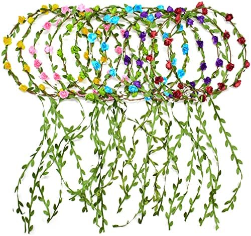 Legigo 12 Pieces Multicolor Flower Wreath Crown Headband for Women Girls Brides - Assorted Colored Flower Crown Garland Headbands for Festival Wedding Party Vacation Photography Props