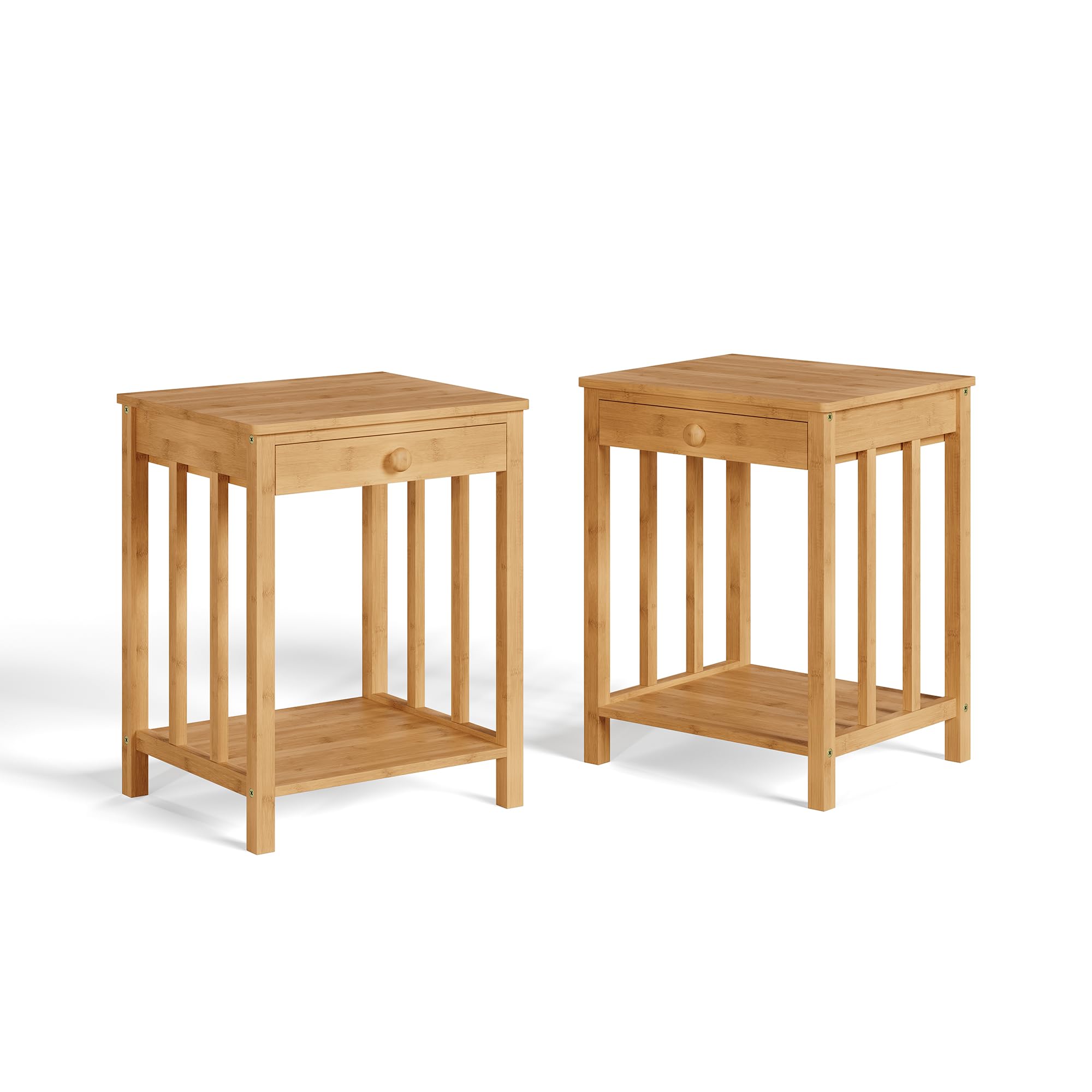 [en.casa] Juego de 2 Mesitas de Noche Ranua Rectangulares Set de 2 Mesas Auxiliares para Salón con Cajón Estante Muebles de Oficina Montaje Rápido Bambú 51 x 40 x 35 cm - Natural