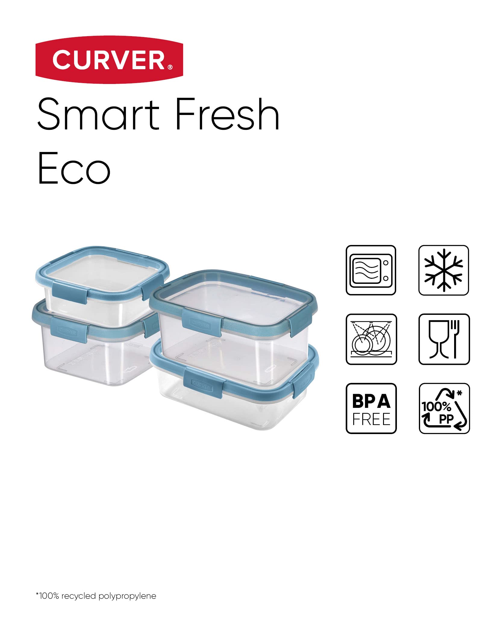 Curver Fresh ECO 4er Frischhaltedosenset 0,9l/1l/1,1l/1,2l, aus 100% recyceltem PP, Pastellblau