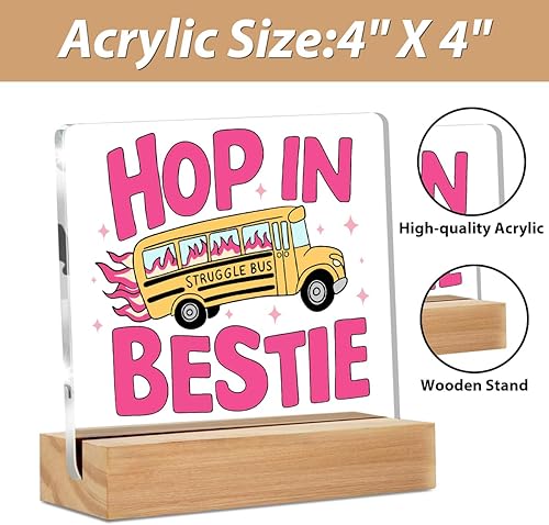 Miniatura 2 de Regalos para mujeres Bestie, Trendy Struggle Bus on Fire Decoración de escritorio rosa Letrero acrílico, divertido artilugio de oficina de salud