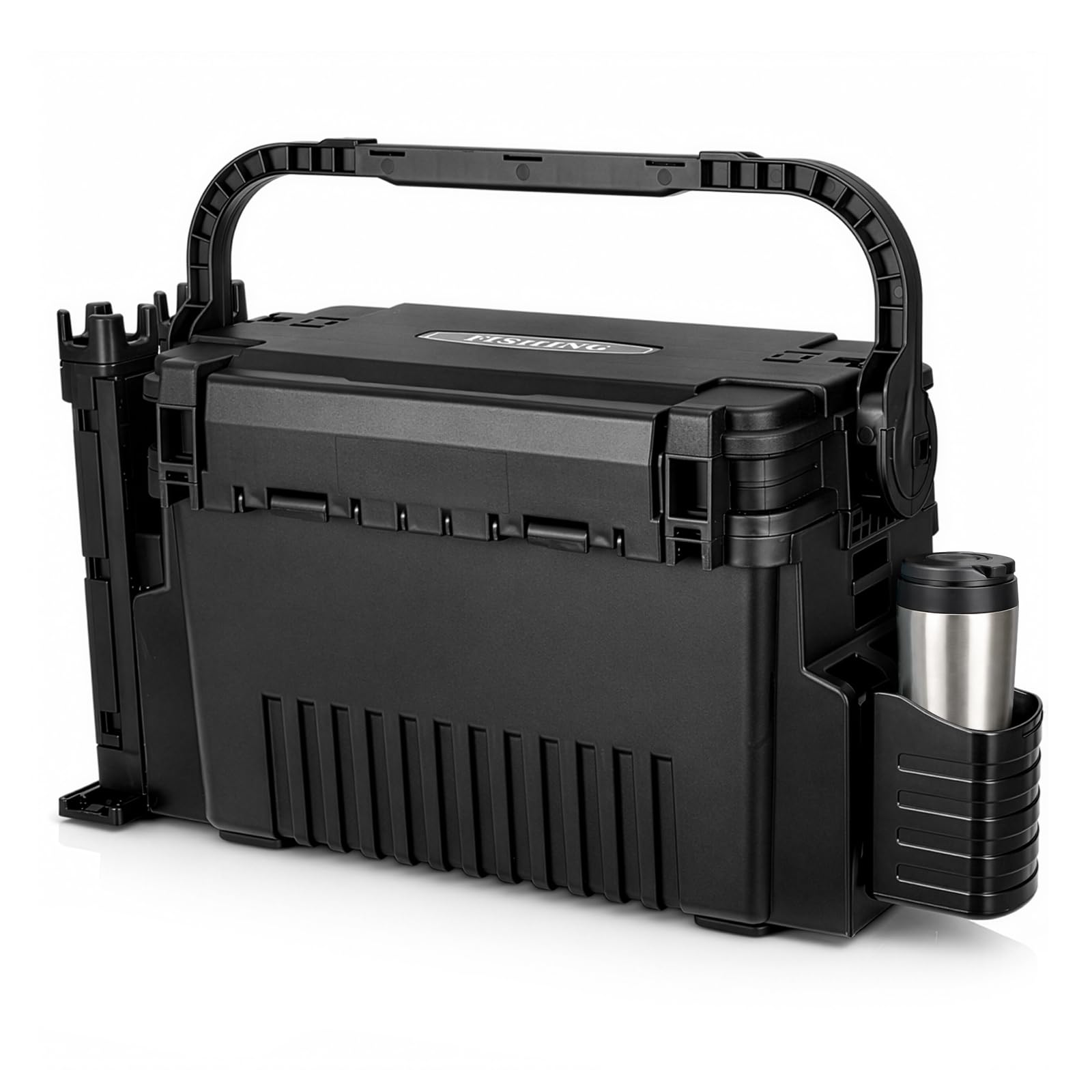 2-stöckig Groß Angelkoffer Tackle Box mit Rutenhalter & Becherhalter, klappbarem Tragegriff, 43×23×28cm Angelbox Angel Zubehör Organizer Angelzubehör Kunstköderbox, Angelboxen, Angelkasten (Black)