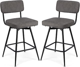 Swivel Counter Height Bar Stools Set of 2, Faux Leather Bar Stools with Back, Metal Legs and Footrest, 26" Seat Height Barstools for Kitchen Islands and Home Bars, Easy Assembly, Grey&Black