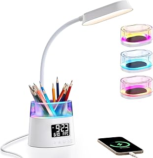 WILIT LED Desk Lamp with Pen Holder, Table Lamp with USB Charging Port & Clock, RGB Ambient Light, 3 Colors, Adjustable Brightness Study Lamp for Kids Student, Reading Light for College Dorm Room