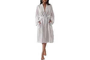 Womens Pure Linen Mid Length Kimono Robe, Lightweight, Long Sleeve Bathrobe