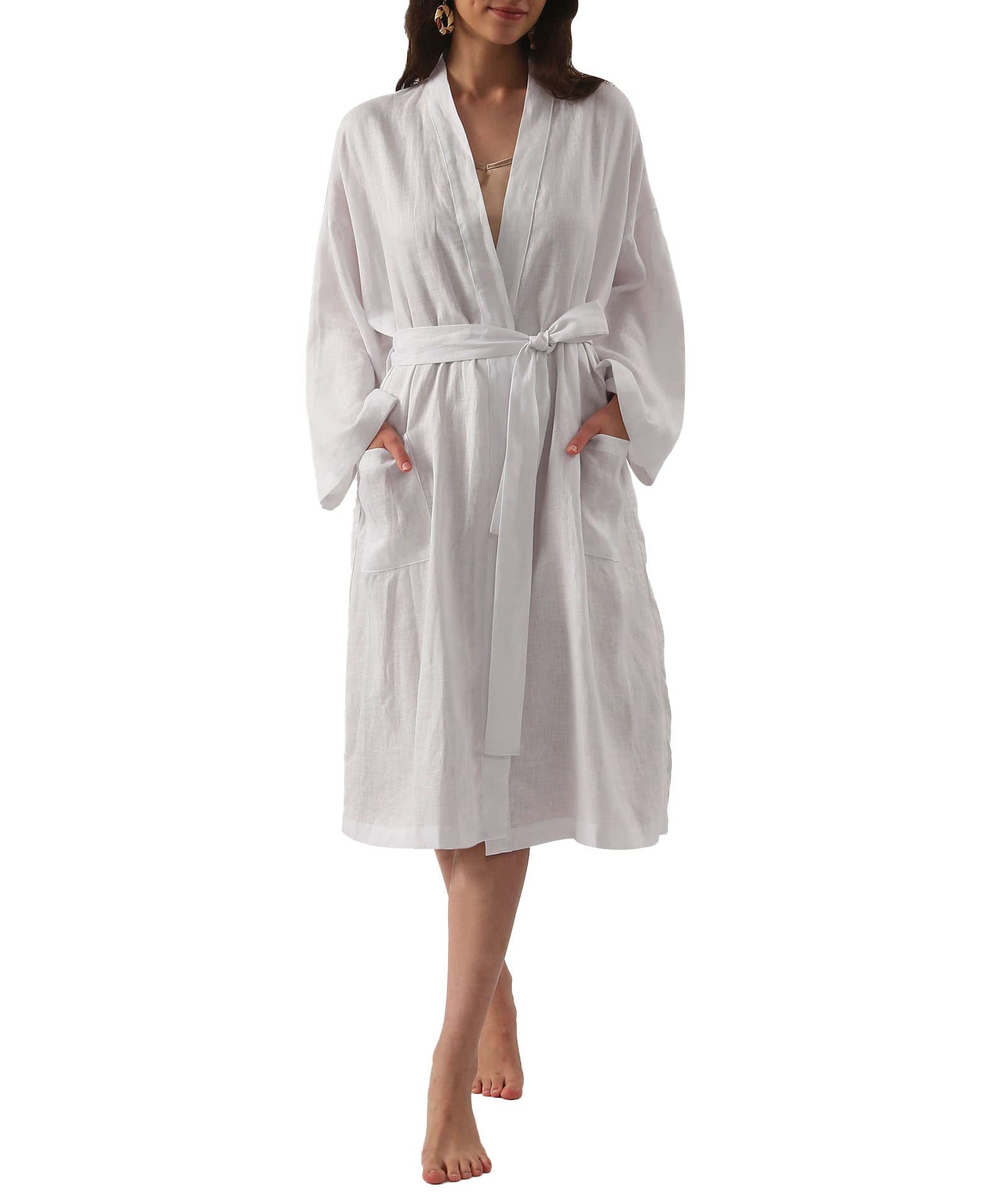 Amazhiyu Peignoir kimono en lin pur pour femme, mi-long, léger, à manches longues avec poches