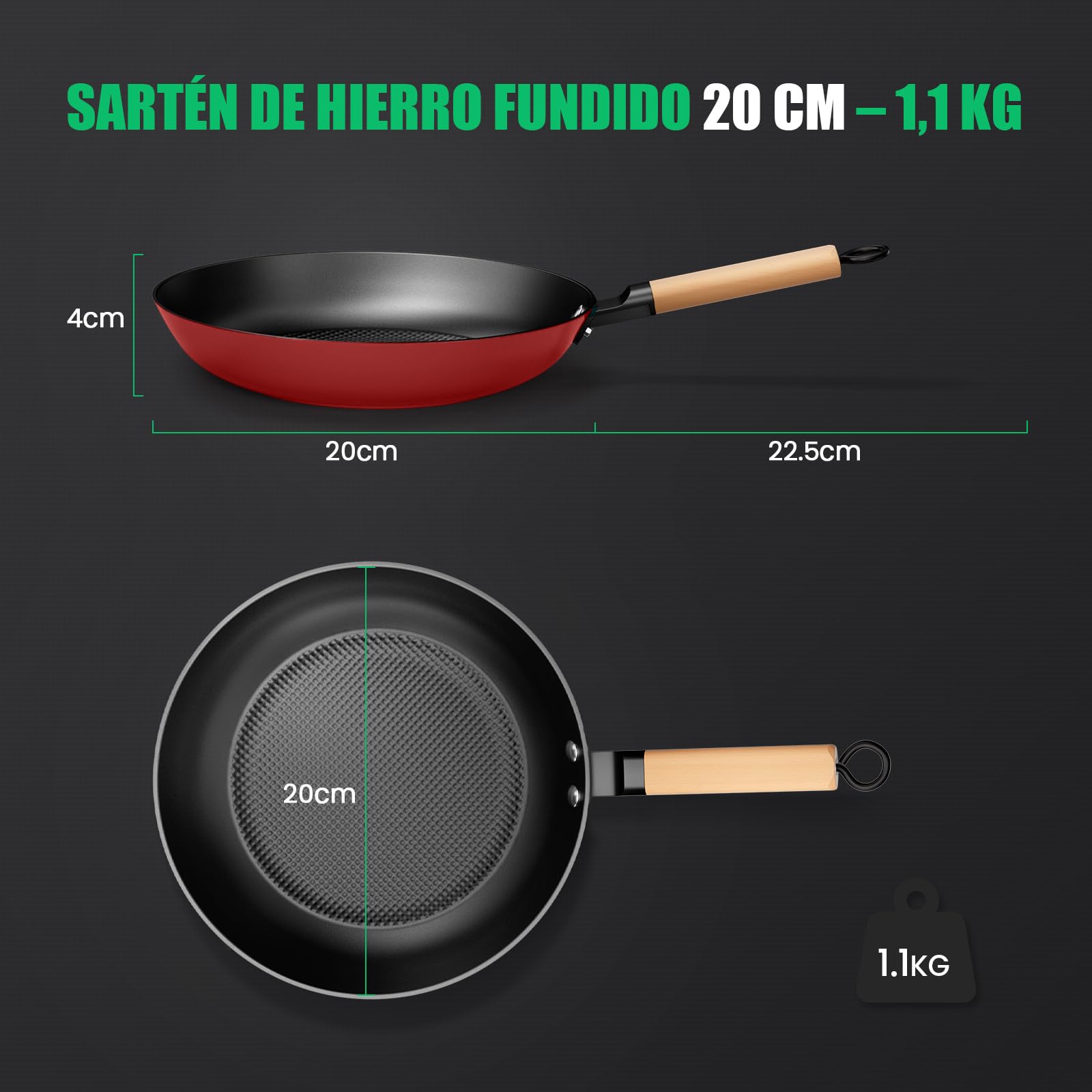 YUTANN Sartén de Hierro Fundido 20 cm Pre-sazonada Apta para Inducción y Horno, Antiadherente, Distribución Uniforme del Calor para Freír, Asar y Cocinar