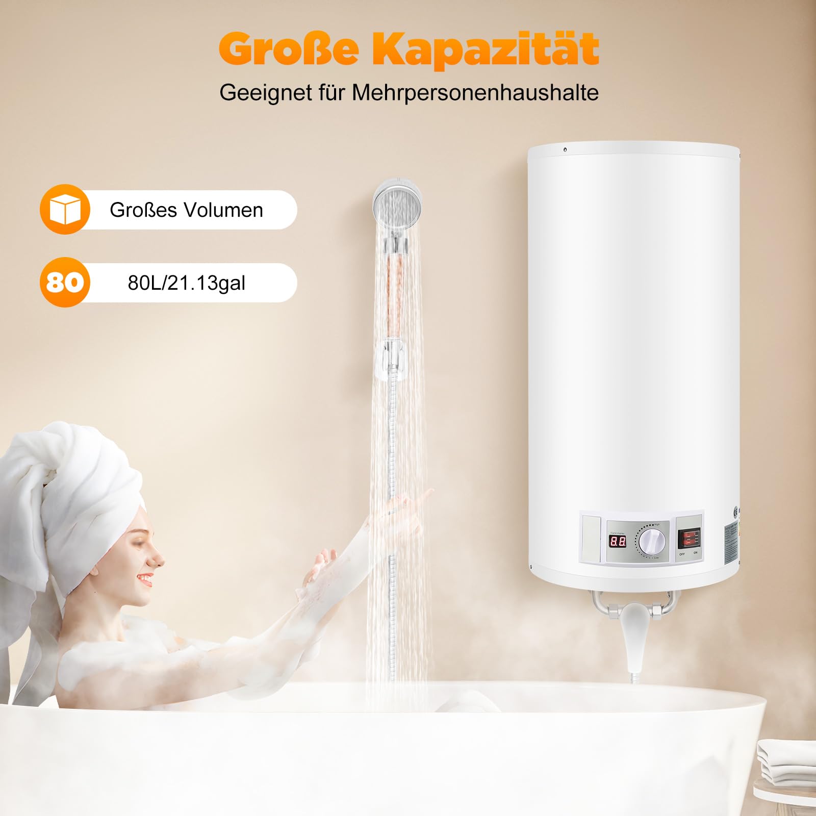 Scaldabagno Elettrico 50 Litri 2000W | Serbatoio Acqua Calda Con Doccetta | Temperatura Regolabile 25-75°C | Per Bagno, Parrucchieri - Foto 6