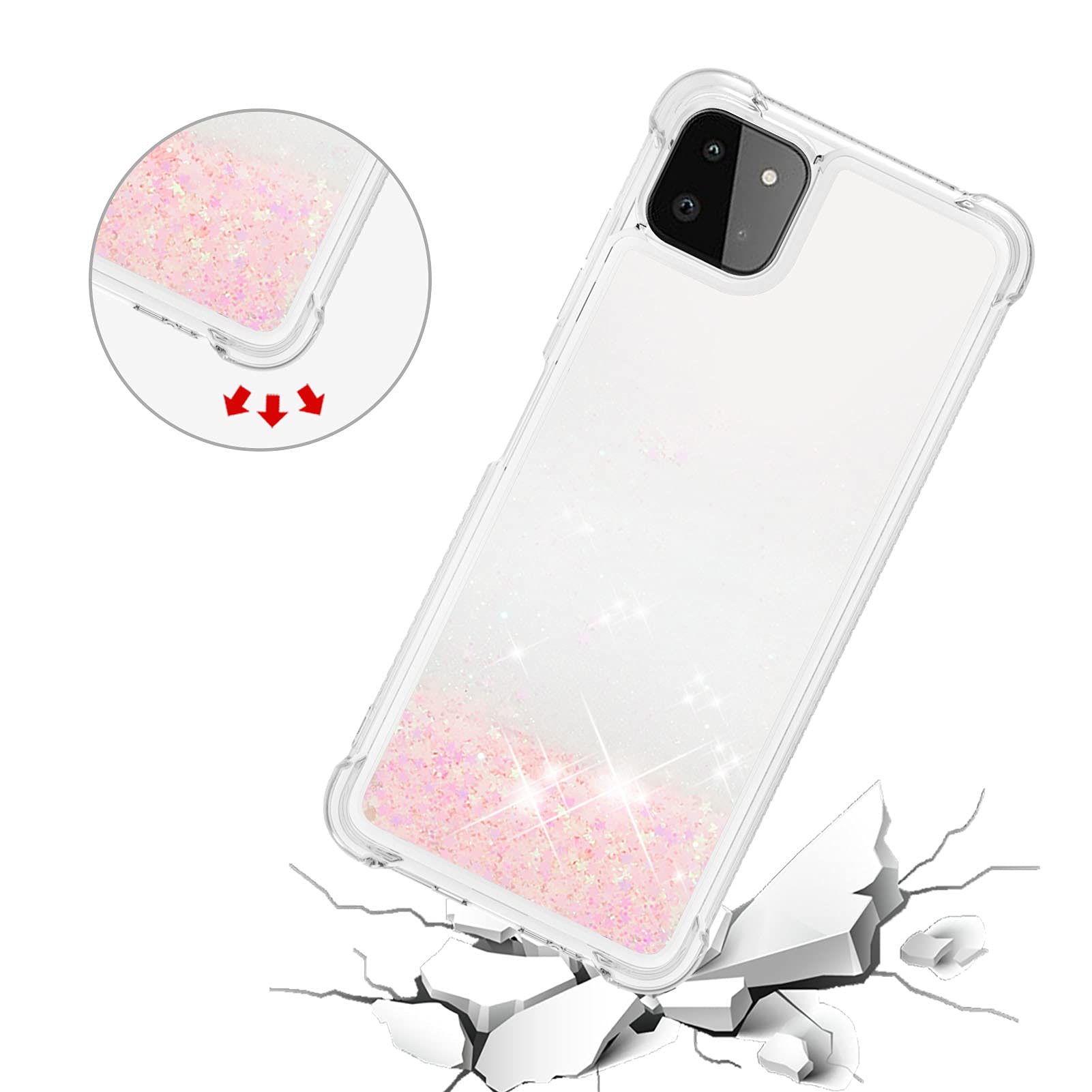 Transparent Liquid Case für Galaxy A22 5G Silver, Gel Silicone Phone Case Glitter Floating Liquid Cover Ultra Slim Bumper Case Sparkly Back Case Resistant Hard Compatible with Samsung Galaxy A22 5G