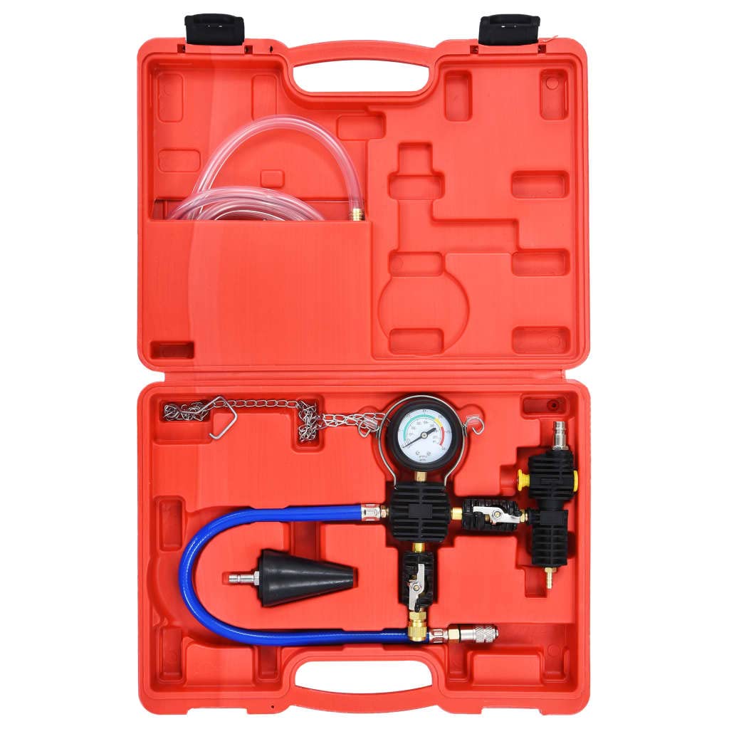Comprobador de sistema de refrigeración, dispositivo de purga de aire con adaptador de radiador universal, herramienta de recarga de vacío y manguera de refrigerante y bolsa de transporte de