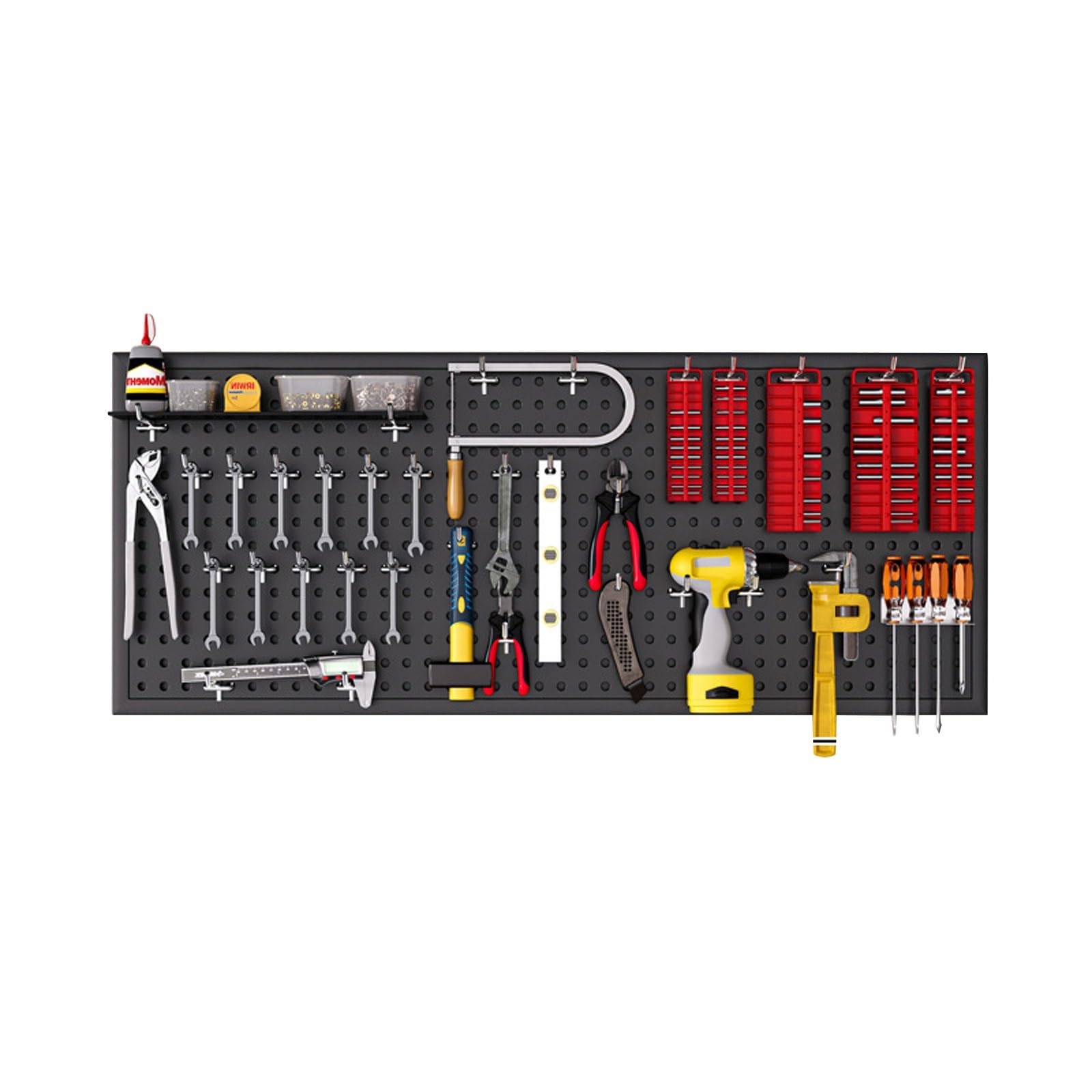 Tablica ścienna z narzędziami, czarna metalowa tablica wisząca na biurko biurkowe, pegboard i akcesoria, stojak do przechowywania na ścianie, odpowiedni do domu, biura, akademika, biurka do gier (100