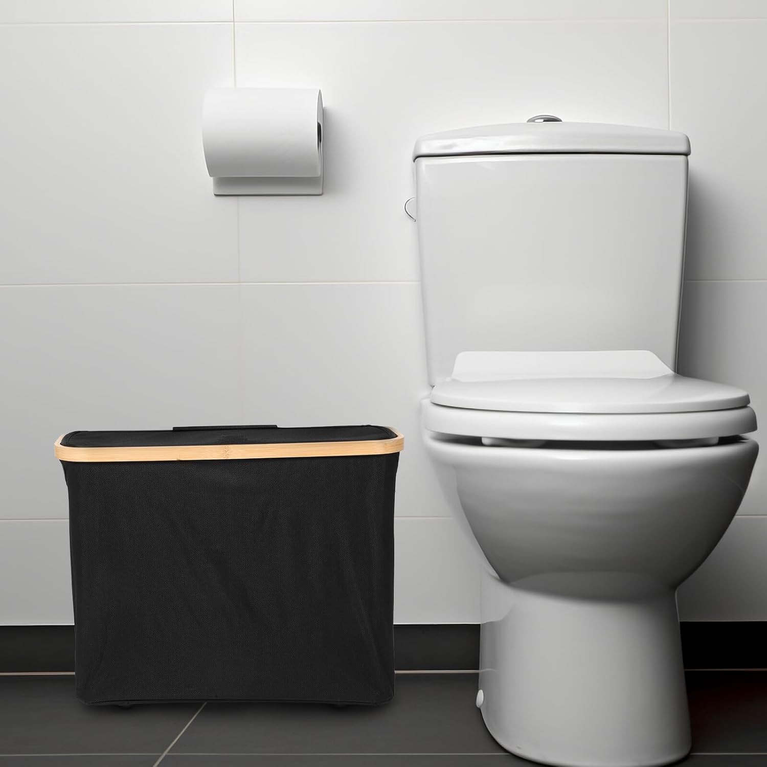 Toilet Paper Storage Basket with Lid Large Decorative Tissue Holder Dustproof Water-Resistant Black Fabric Organizer for Bathroom and Nursery