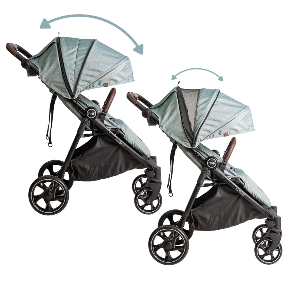 Niu – Silla de Paseo Cochecito de bebé VentT+ Capota XXL – Respaldo y Reposapiés ajustasble – Amortiguación 4 ruedas y chasis de aluminio – plegado compacto – Mosquitera y plástico de lluvia (Verde)