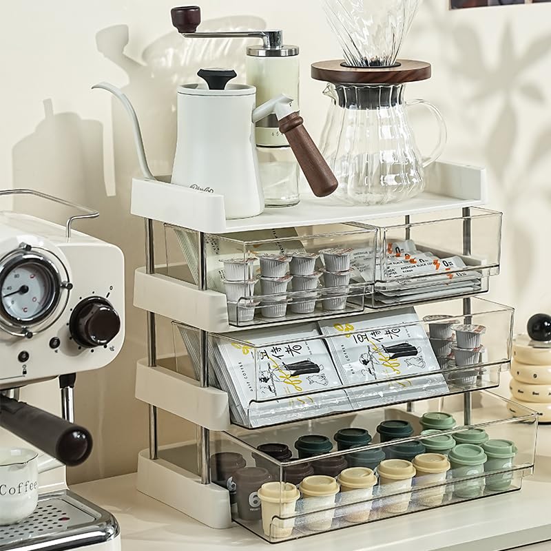 引き出し式ティーバッグ収納ラック コーヒーカップ収納棚 2層 3層 4層 小物入れ、 卓上スタンド お菓子などホルダー 防塵 多機能クリアー収納ラック (４段)