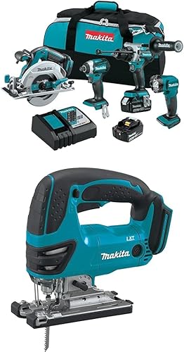 Makita XT452T 18V LXT Lithium-Ion Brushless Cordless 4-Pc Combo Kit 50Ah with Makita XVJ03Z 18V LXT Lithium-Ion Cordless Jig Saw Tool Only