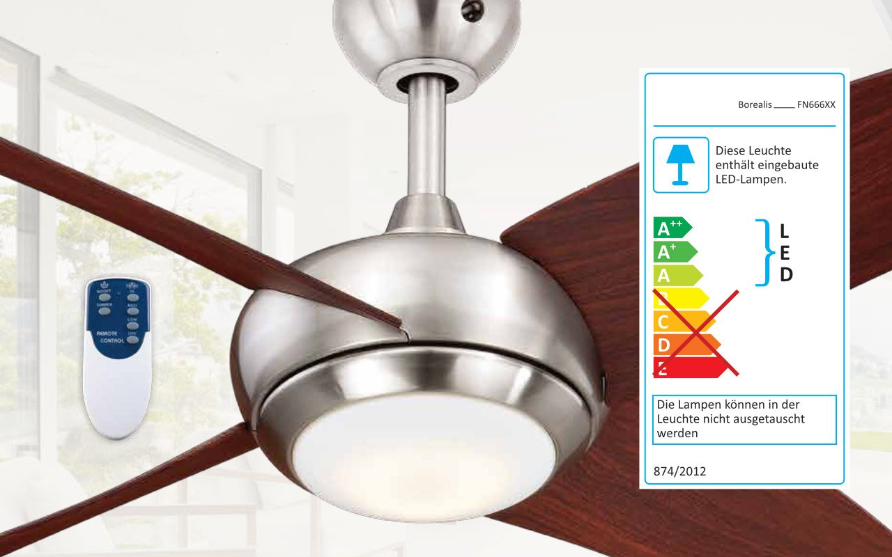 Ventilatore a soffitto AireRyder Borealis con illuminazione e telecomando, corpo in nickel satinato, Metallo, Flügelfarbe Walnuss, 122 x 122 x 37 cm 70watts, led