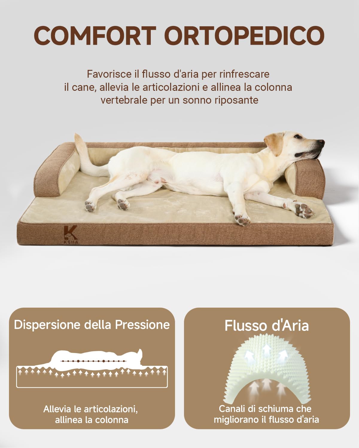 KSIIA Cuccia Cane Interno Cuscino Cane Sfoderabile e Lavabile, Ortopedica e Impermeabile con Base Antiscivolo, Con Cuscino a Forma di U, Marrone, 104x68x17cm