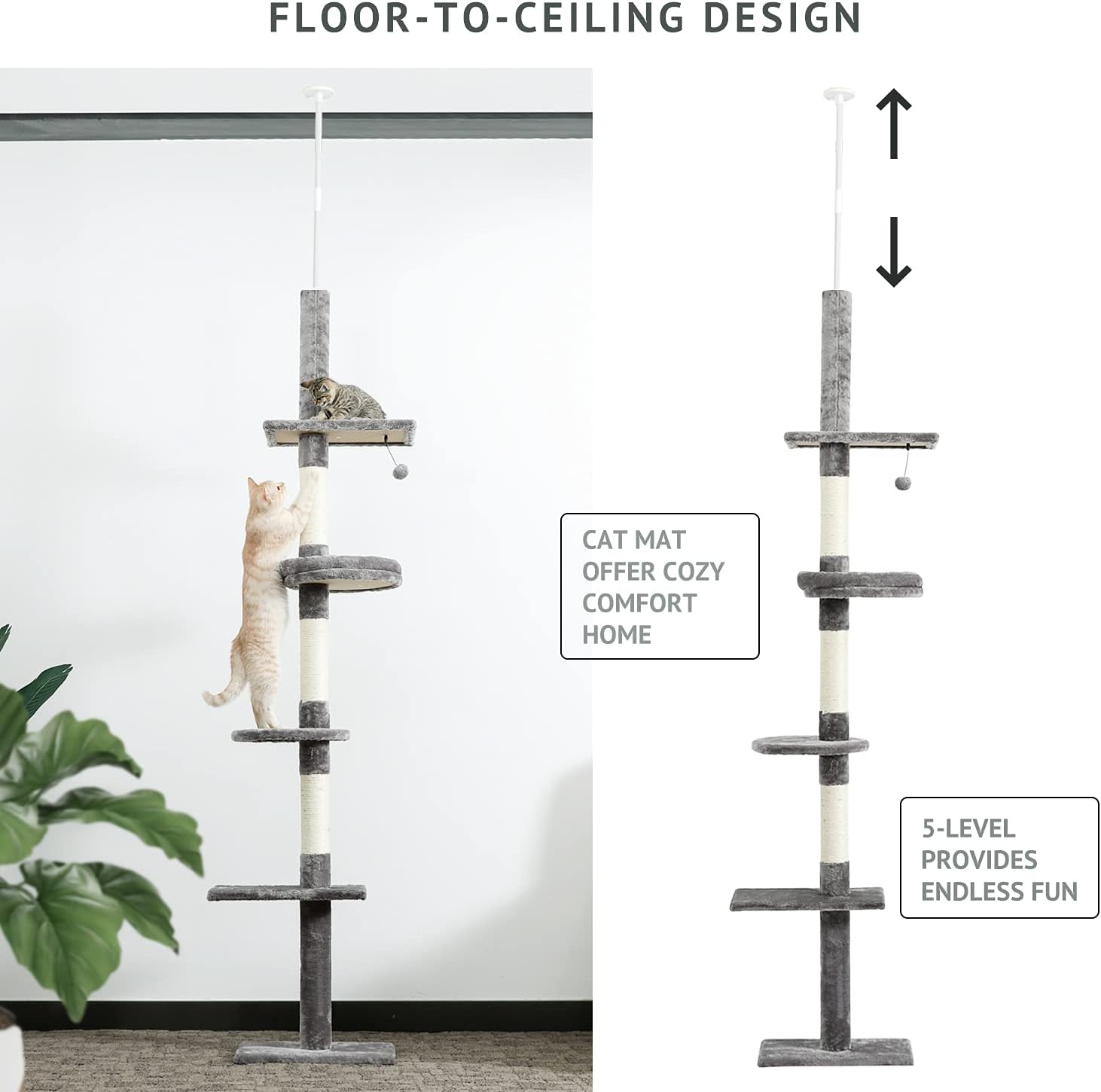 PETEPELA Cat Tree 5-Tier Floor to Ceiling Cat Tower Height Adjustable, Tall Kitty Climbing Activity Center with Scratching Post, Cozy Bed, Dangling Ball for Indoor Cats/Kitten (95-107 Inches Grey) : Pet Supplies