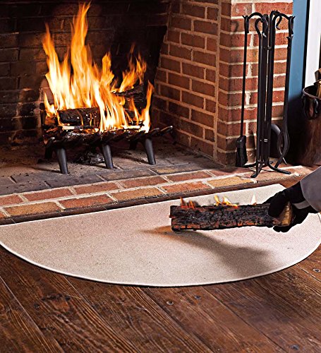 Fire Retardant Fiberglass Half Round Hearth Fireplace Area Rug Polyester Trim Non Slip Mat Low Profile Protects Floors from Sparks Embers Logs 27 W x 48 L Tan