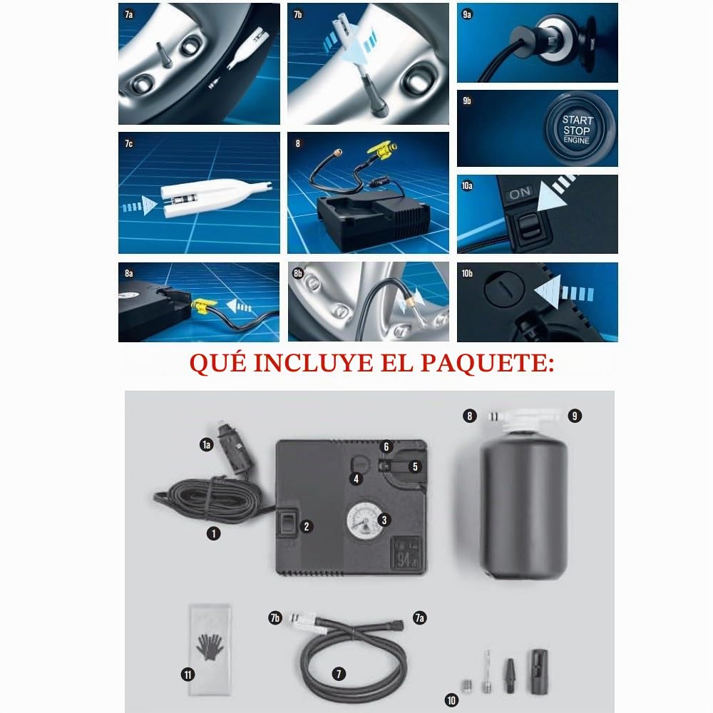 Compatible con Dacia SANDERO Set DE PINCHAZO DE NEUMÁTICOS Kit DE INFLADO Y REPARACIÓN AUTOMÁTICO con COMPRESOR Y LÍQUIDO SELLADOR DE 620 ML para Coches, SUV,Motocicletas