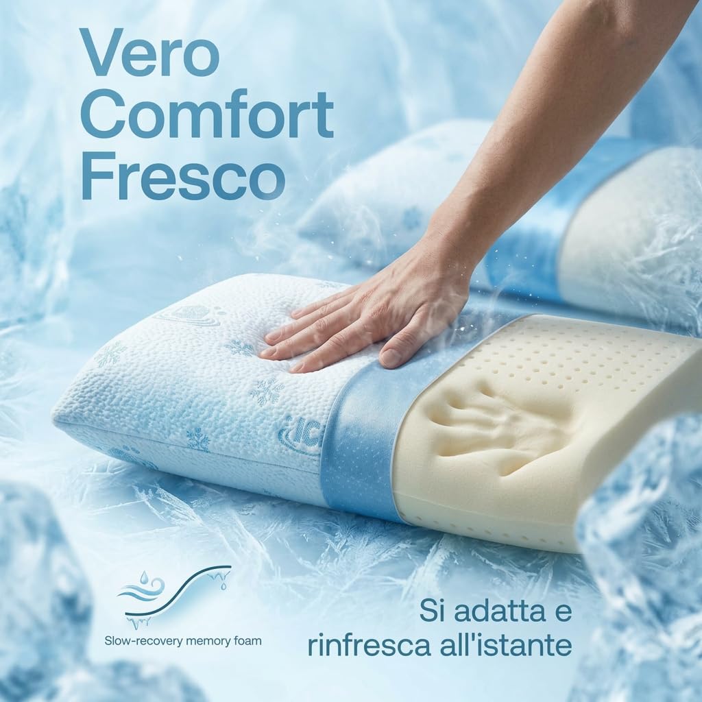 Marivor Set 2 Cuscini Memory Foam Rinfrescanti per Letto, Guanciali Freschi Traspiranti con Fodera Cooling Sfoderabile e Lavabile, Supporto Medio, 75x45x13 cm