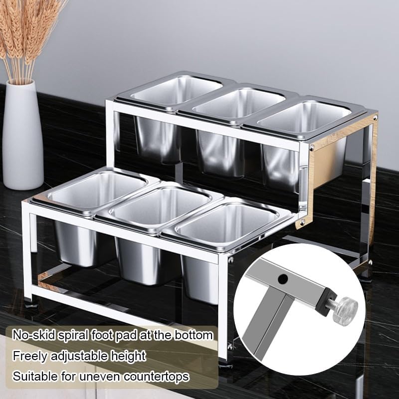 Stainless Steel Condiment Serving Container Set - Commercial Spice Rack for Kitchen Buffet Catering, 33.5x37x26cm, Durable Countertop Holder for Sauces & Spices