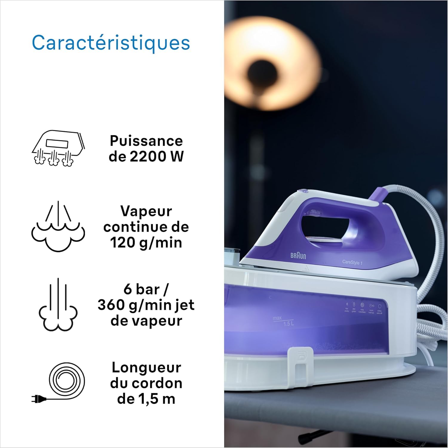 Braun CareStyle 1 IS1014VI, Centrale Vapeur, Débit de Vapeur 120 g/min, Coup de Vapeur 360 g/min, Semelle SuperCeramic FreeGlide 3D, Réservoir de 1,5 l, 2200W, 6 bar [Classe énergétique A+]