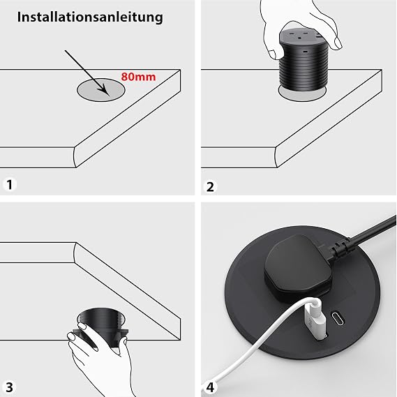 Desk Plug Socket Grommet 80mm Hole with 1 UK Plug, 2 USB Ports, 2M Cable, Recessed Socket for Home Office, Black