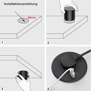 Desk Plug Socket Grommet 80mm Hole with 1 UK Plug, 2 USB Ports, 2M Cable, Recessed Socket for Home Office, Black