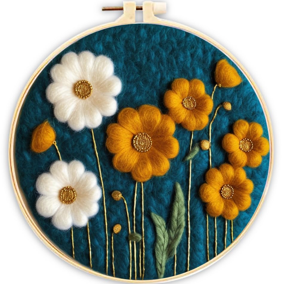 Needle Felting Kits Beginners, Flower DIY Wool Needle Felting Starter Kit, Floral Needle Felt Set with Foam Pad, Felt Cloth and Instructions, Used for