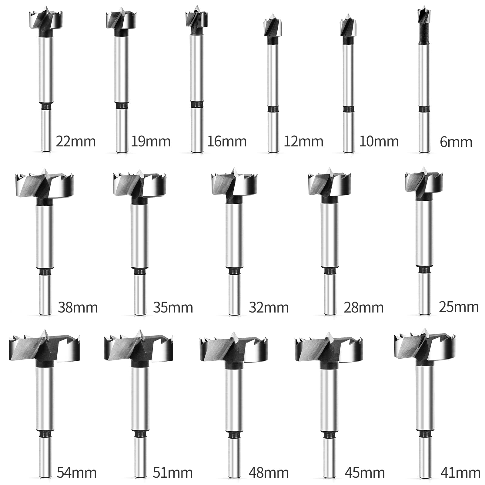 Set di punte Forstner, 16 pezzi, per legno – BAIDETS Forstner, set di punte per legno Ø 6 – 54 mm, punte Forstner con gambo rotondo, punte per trapano, accessori per trapano, con scatola di legno