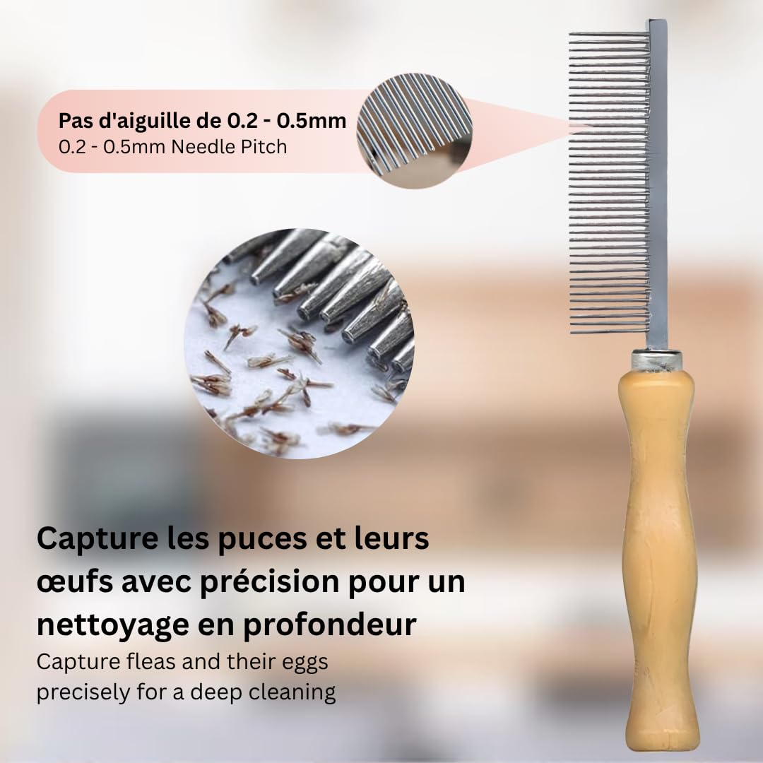 Peigne Anti-Puces avec Manche en Bois – Peigne Fin pour Chien et Chat – Élimine les Puces et les Œufs – Soin du Pelage et Bien-Être de l’Animal (16,7 cm)