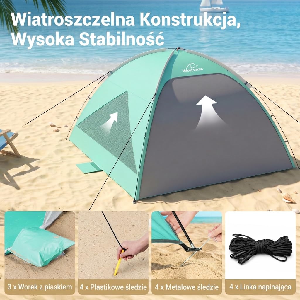 Wolfwise Namiot Plażowy UPF 50+ dla Rodziny, Osłona Przeciwsłoneczna z Filtrem UV, 3 Wentylowane Okna, Rozkładana Podłoga i Torba Transportowa, Pojemność 8 Osoby, Miętowy