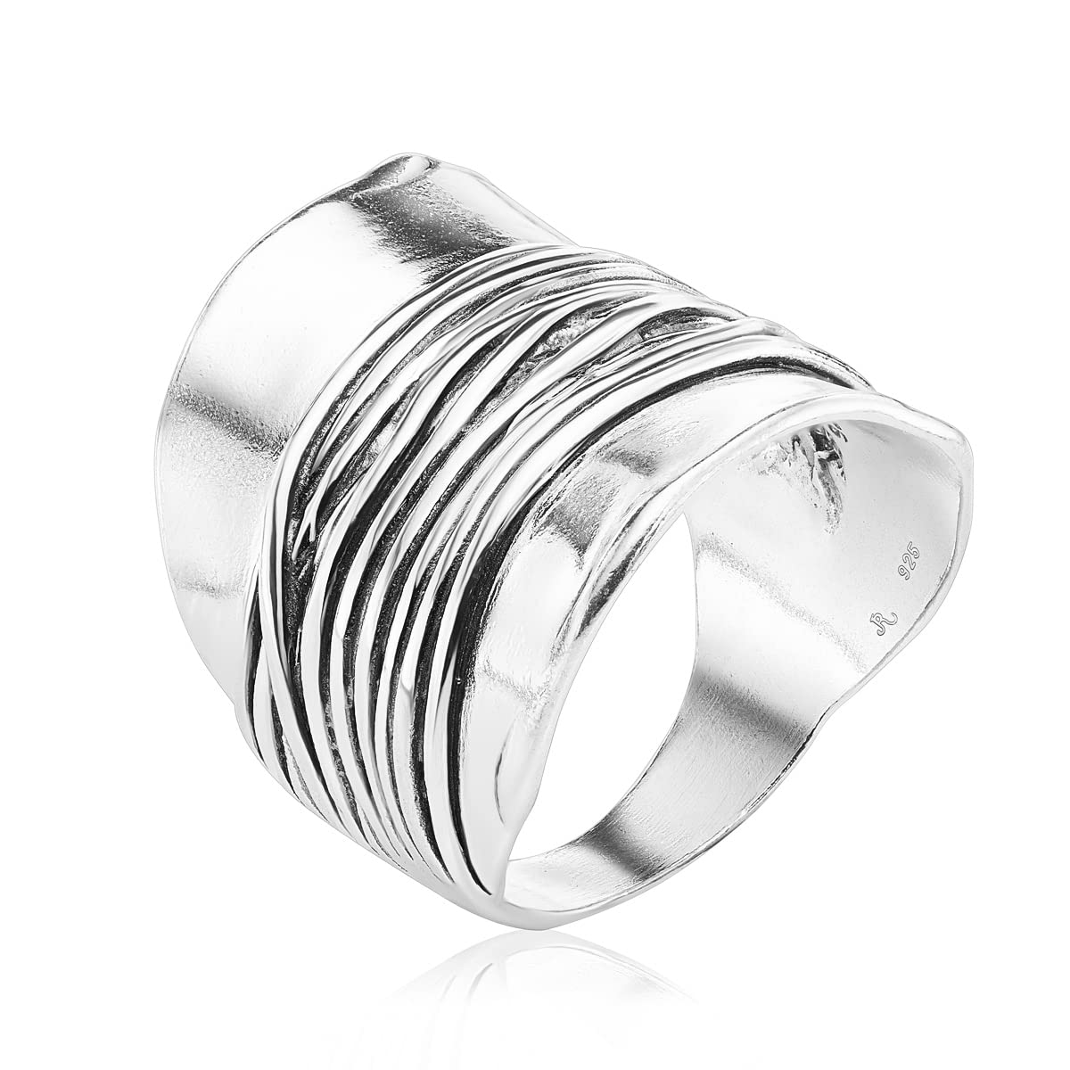JEAN RACHEL JEWELRY 925 Sterling Silver Ring - Wide Shield Ring with Wire Wrap Center Vintage Design - Hypoallergenic, Lead & Nickel Free Jewelry -
