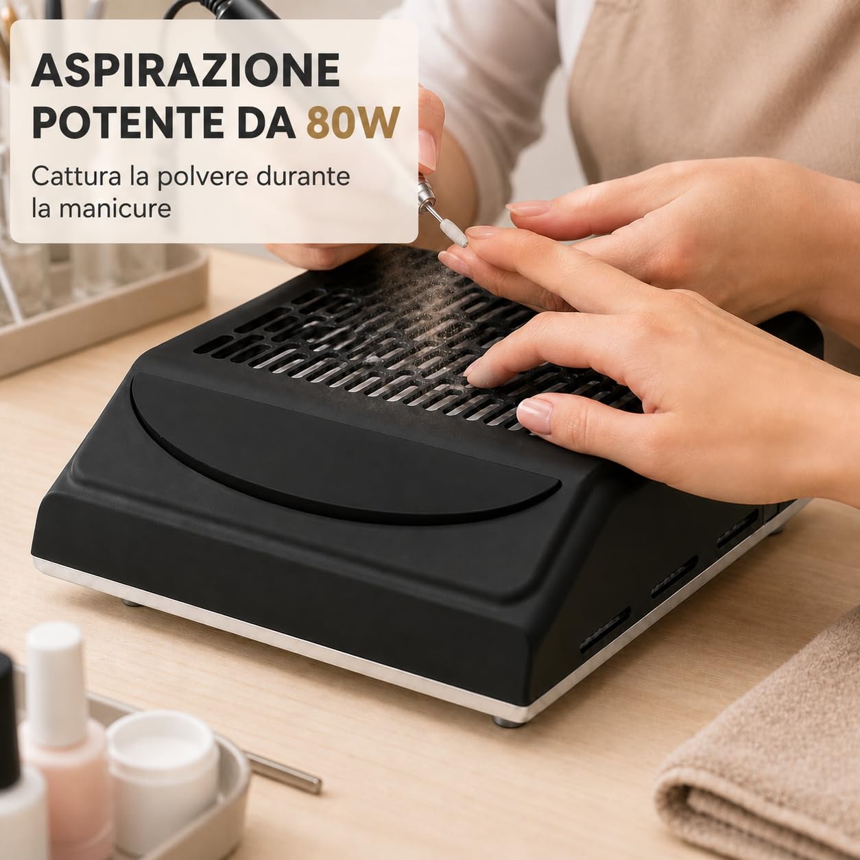 Aspirador de uñas profesional de 80 W con lámpara LED, potente aspirador de manicura con velocidad ajustable, filtro reutilizable y puerto USB, colector de polvo para gel/acrílico/Nail Art (Ner