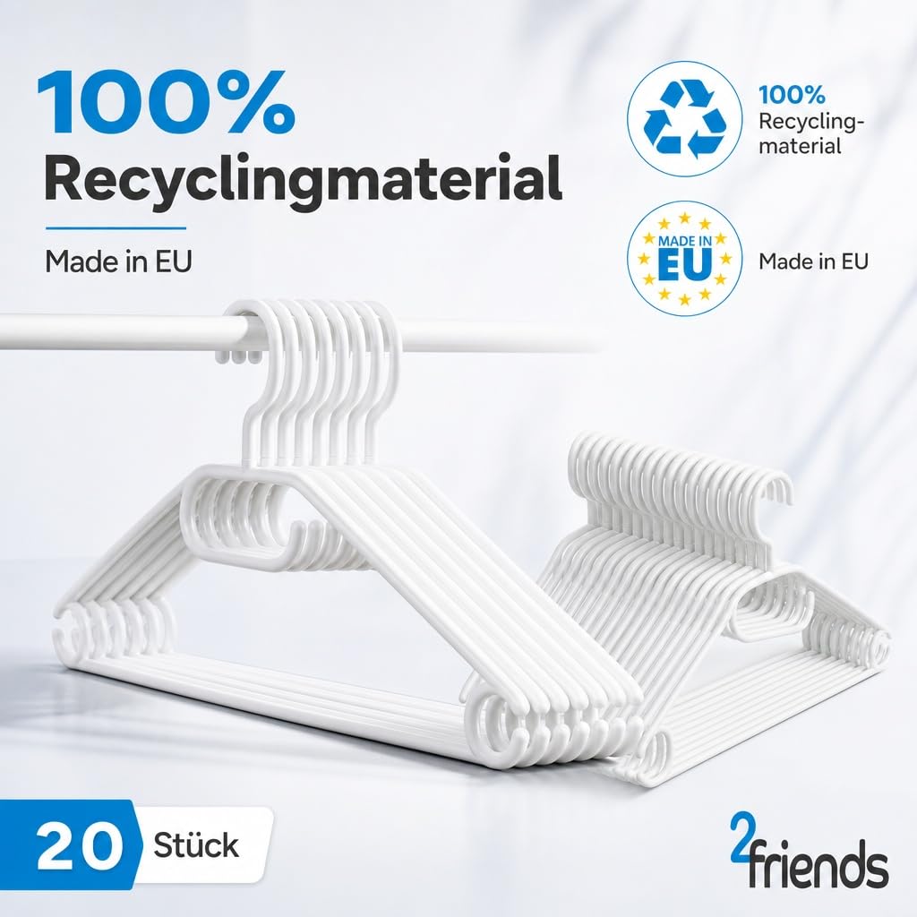 50 Kleiderbügel weiß Kunststoff mit drehbarem Haken – Platzsparend 8mm schmal, rutschfest mit Anti-Rutsch-Rillen, Hosenstange & Gürtelhalter, 41cm Made in EU aus 100% Recyclingmaterial
