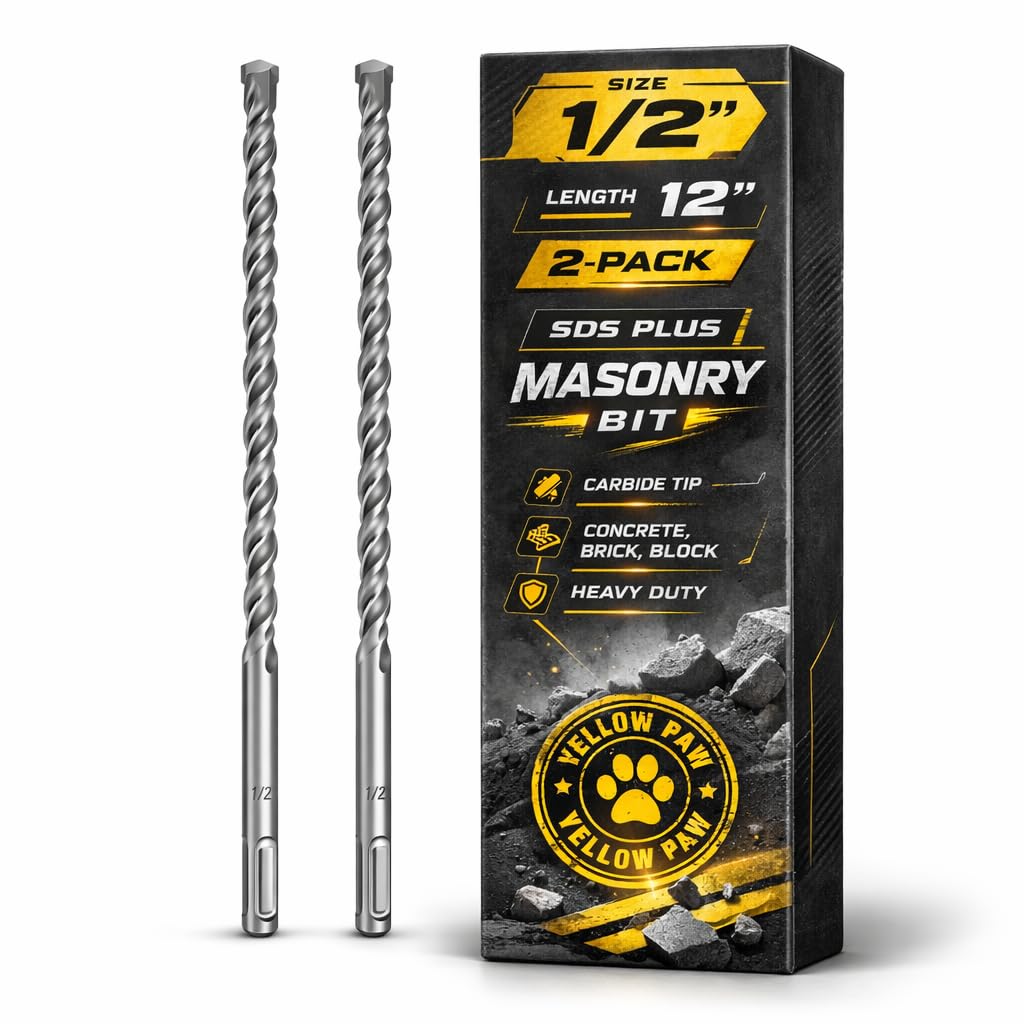 1/2 Inch SDS Plus Masonry Drill Bit for Concrete & Brick (2 Pack - 12" Length - Industrial Grade) Fits All SDS Rotary Hammers - Carbide Tipped for