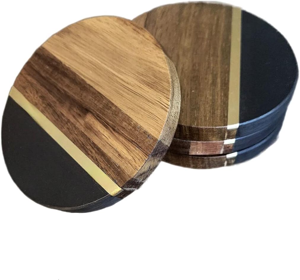 Amazon.com: Black Slate & Acacia Wood Coasters with Brass Inlay, Set of ...