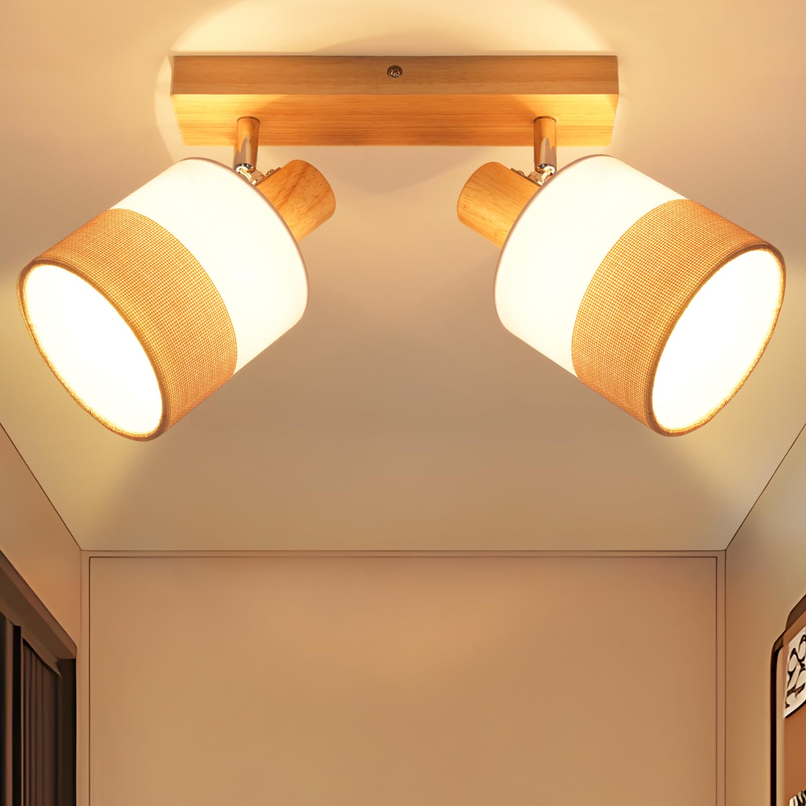 Glitzerlife LED Deckenstrahler 2 Flammig Deckenleuchte - Deckenlampe Holz Flurlampe Spotlight Deckenspot E14 Vintage Stoff Schwenkbar 350° Retro MAX.25W Schlafzimmer Küche, Ohne Leuchtmittel
