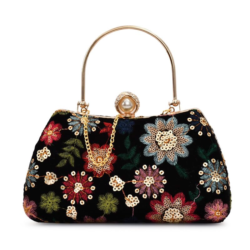 for the beautiful you Women's Embroidered Velvet Clutch Purse with Pearl Clasp and Detachable Chain – Elegant Evening Handbag for Wedding, Party-picture-54