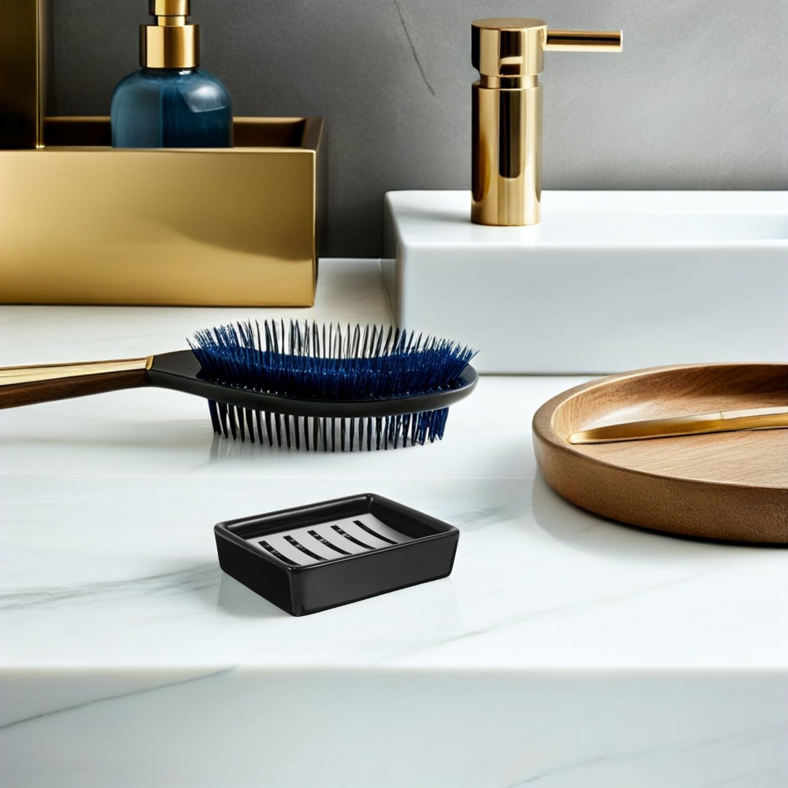 Jabonera de Acero Inoxidable con Base Cerámica Doble Capa Diseño Rectangular Compacto y Autodrenante para Baño y Ducha Soporte Resistente la Oxidación y Ahorro de Espacio Encimeras