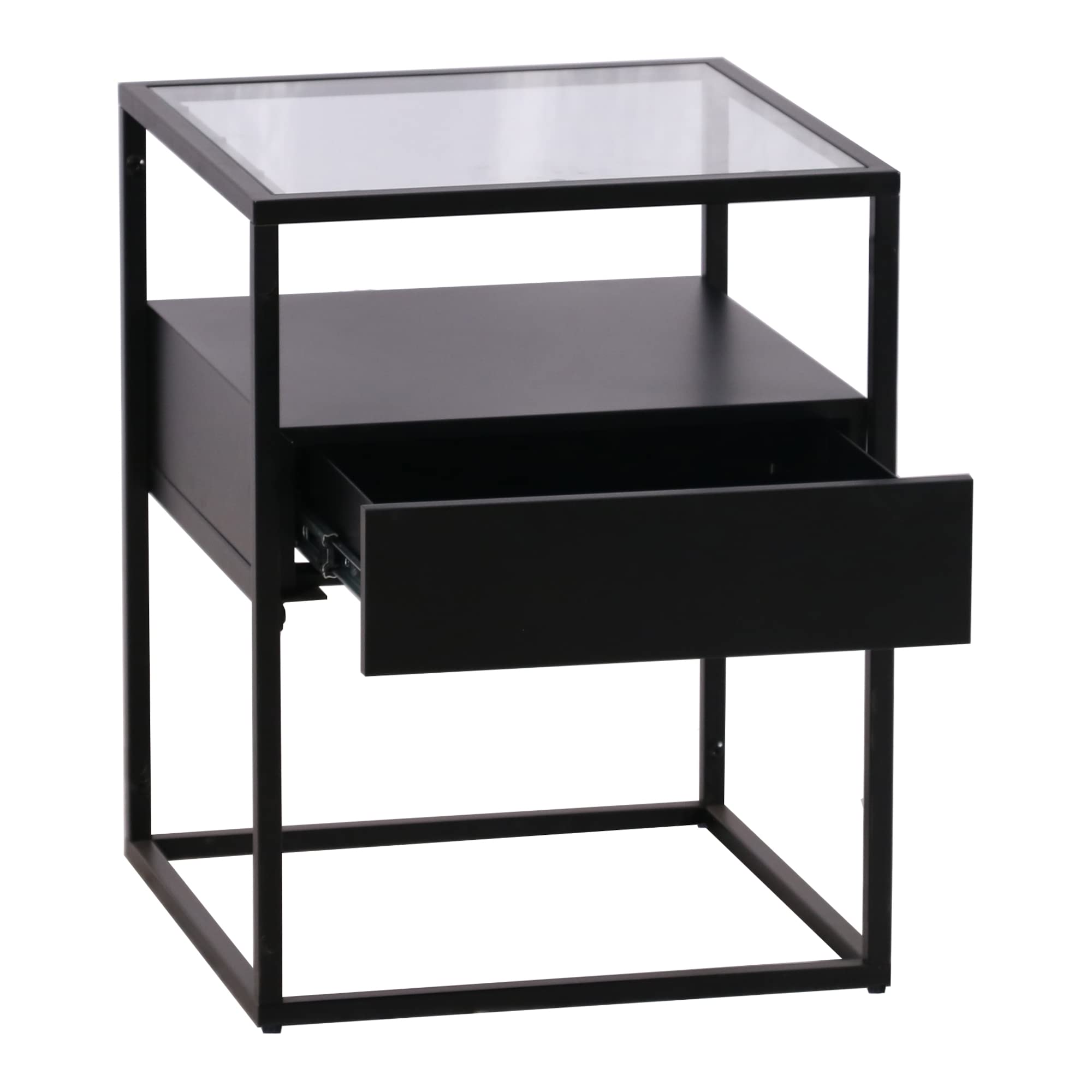 [en.casa] Comodino in Acciaio Tavolino Basso da Divano 51 x 40 x 40 cm con Piano Tavolo in Vetro Temperato Tavolino a Cubo con Cassetto e Scomparto Aperto - Nero Opaco