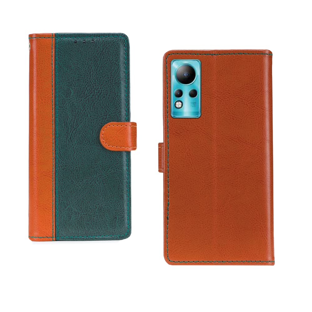 Inktree Infinix Note 11 Flip Case | Premium Leather Finish Flip Cover | with Card Pockets | Wallet Stand |Complete Protection Flip Cover for Infinix Note 11 - Camel and Green